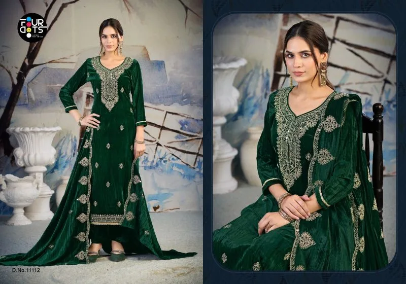 Roza By Fourdots Crush Velvet Cording And Mirror Work Dress Material 